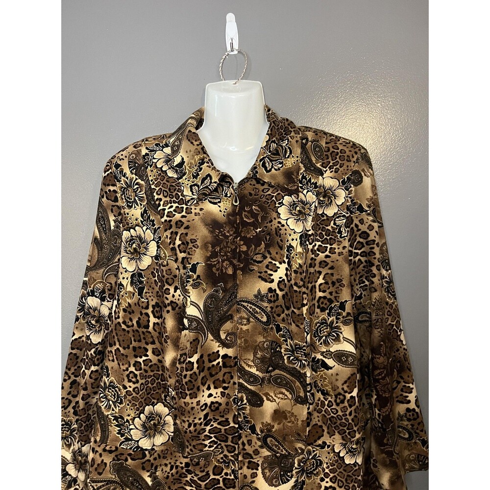Notations Jacket Womens 2X Brown Leopard Velour Full Zip Lined Shoulder Pads